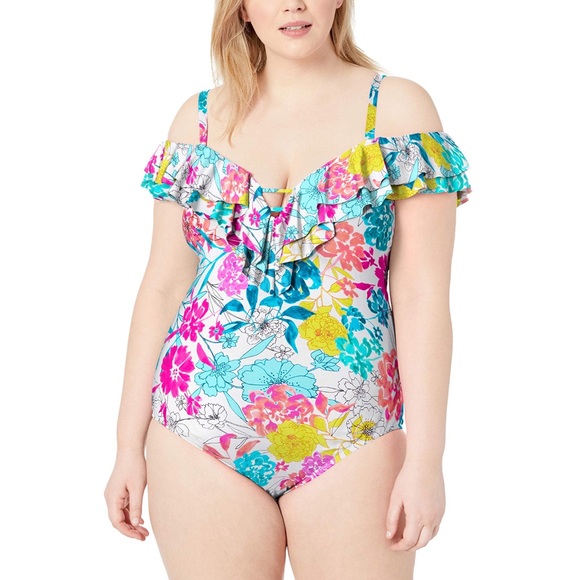KENNETH COLE SwimSuit One-piece Tummy Control Ruffle Shoulder Floral Swim Wear - Picture 4 of 9